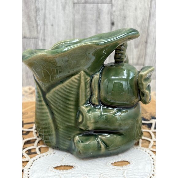 Vintage Lucky Elephant Hugging Plant Green Ceramic Vase - Picture 3 of 6